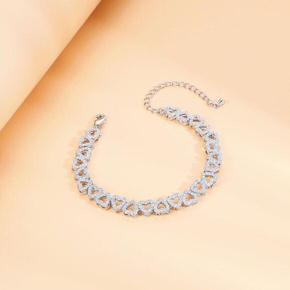 Elegant White Gold Plated Cubic Zirconia Heart Bracelet for Women Bridal Party - Picture 3 of 5